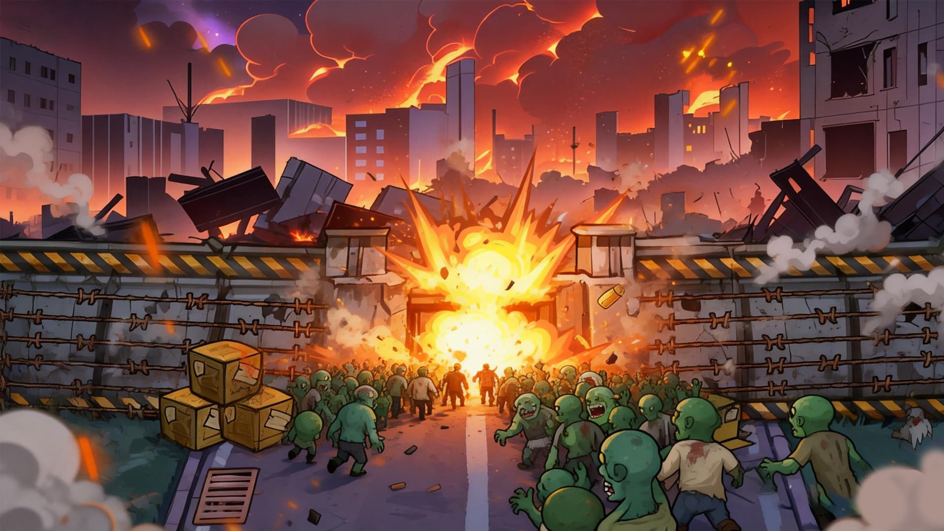 A crowd of cartoon zombies approaches a city barricade
